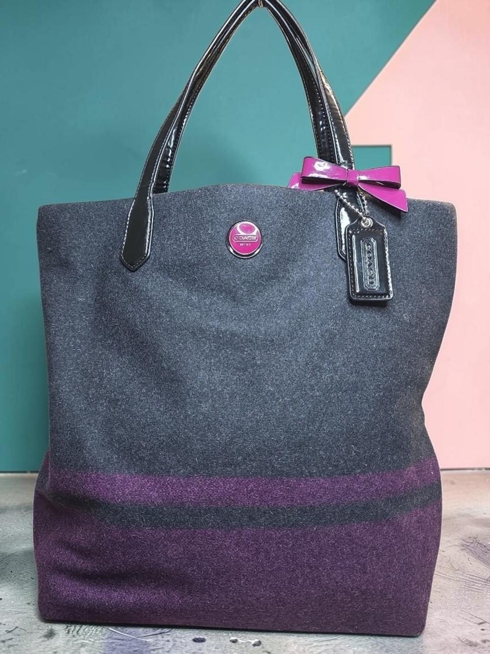 COACH Signature Stripe Wool Tote Bag in Passion Berry Pink And Grey 2013 EUC